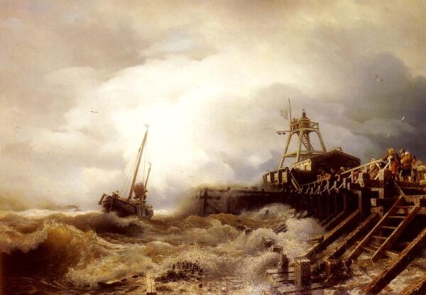 A Fishing Boat Caught In A Squall Off A Jetty by Andreas Achenbach, hand-painted oil painting reproduction