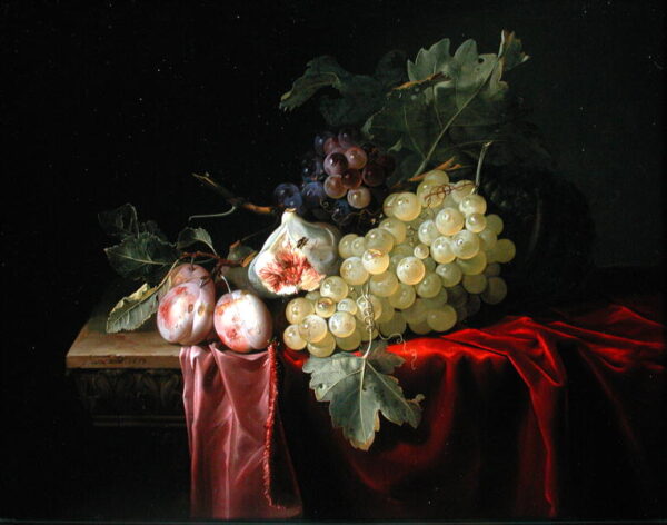 A still life with grapes plums figs and a melon on a partly draped stone ledge 1653 by Willem van Aelst, hand-painted oil reproduction
