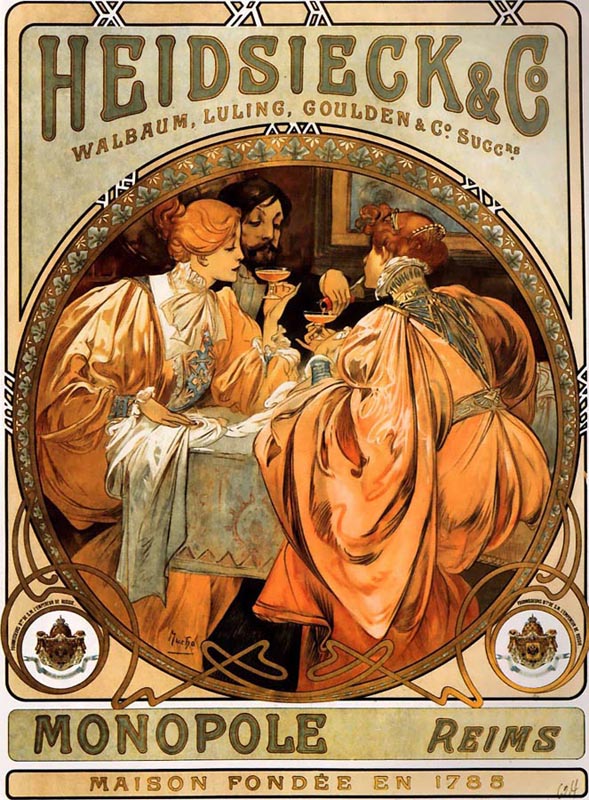 Heidsieck and Co by Alphonse Mucha, hand-painted oil reproduction
