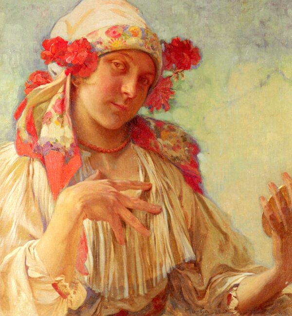 Young Girl In A Moravian Costume by Alphonse Mucha, hand-painted oil painting reproduction