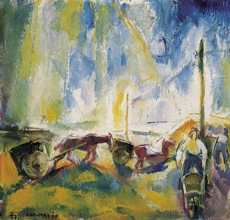Daylabourers with Wheelbarrows by Vilmos Aba-Novák, hand-painted oil reproduction