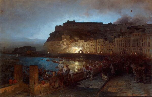 Fireworks in Naples by Oswald Achenbach, hand-painted oil painting reproduction