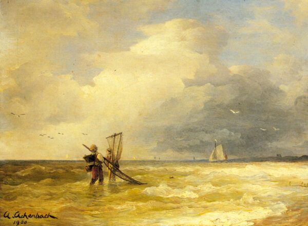 Fishing Along The Shore by Andreas Achenbach, hand-painted oil painting reproduction