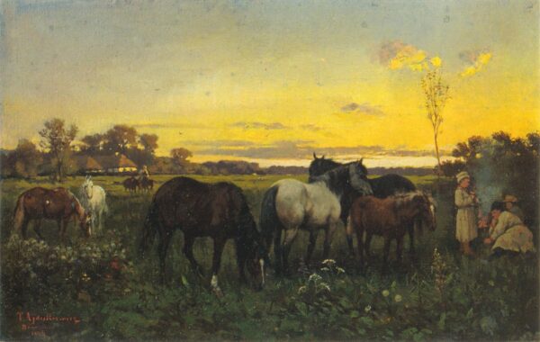 Horses on Pasture by Tadeusz Ajdukiewicz, hand-painted oil painting reproduction