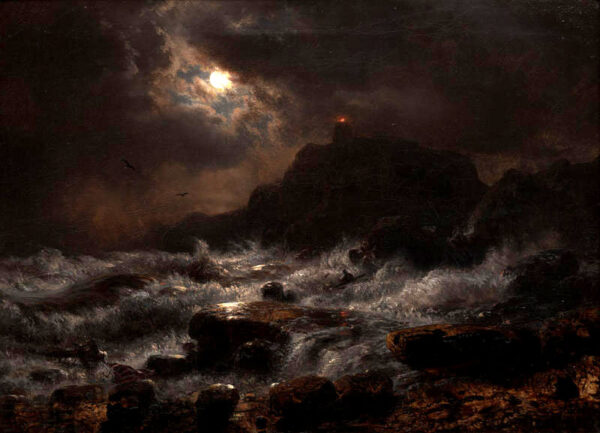 Norwegian Coast by Moonlight by Andreas Achenbach, hand-painted oil painting reproduction