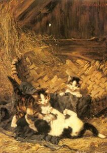 Playful Kittens In A Basket by Julius Adam, hand-painted oil painting reproduction