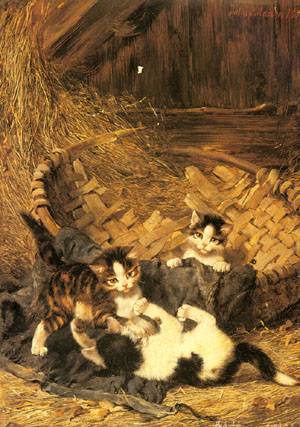 Playful Kittens In A Basket by Julius Adam, hand-painted oil reproduction