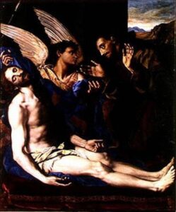 The Body of Christ with an Angel and St Francis Assisi by Alessandro Allori, hand-painted oil painting reproduction