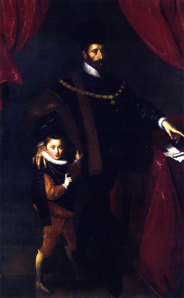 William V Duke of Bavaria with his son Albrecht V by Hans von Aachen, hand-painted oil painting reproduction
