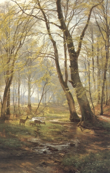 Woodland Scene With Deer by Carl Frederik Aagaard, hand-painted oil reproduction