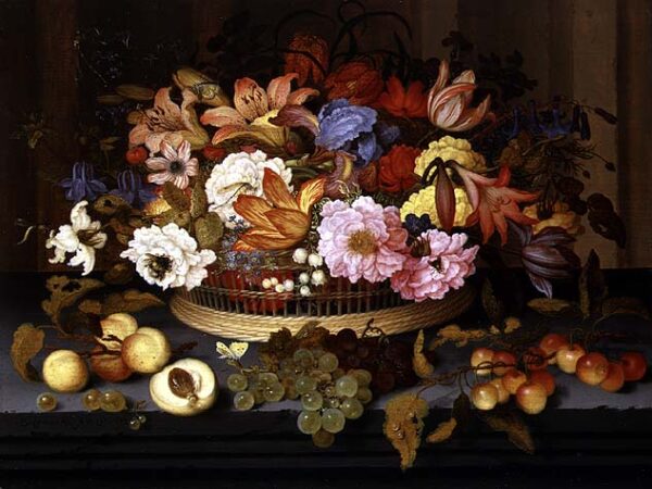 Still Life of Fruit and a Basket of Flowers 1623 by Balthasar van der Ast, hand-painted oil painting reproduction
