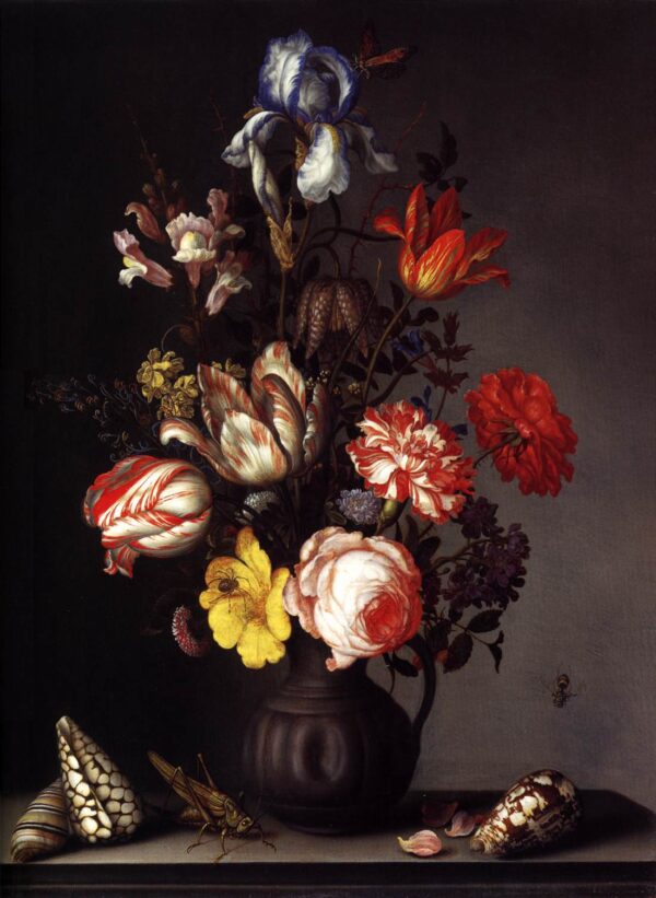 Flowers in a Vase with Shells and Insects 1630 by Balthasar van der Ast, hand-painted oil painting reproduction