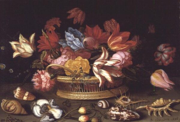 A Basket of Flowers with Shells on a Ledge by Balthasar van der Ast, hand-painted oil painting reproduction