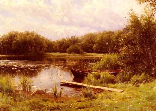 A Boat Moored on a Quiet Lake by Peder Mørk Mønsted, hand-painted oil painting reproduction