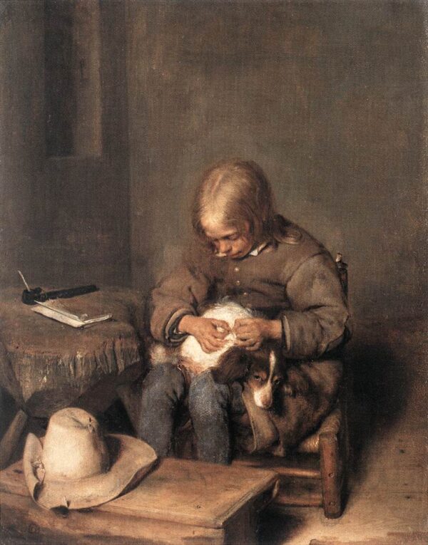 A Boy Ridding His Dog Of Fleas by Gerard ter Borch, hand-painted oil painting reproduction