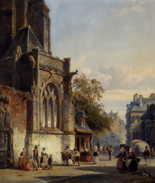 Town Square Before a Church – A Capriccio by Cornelis Springer, hand-painted oil painting reproduction