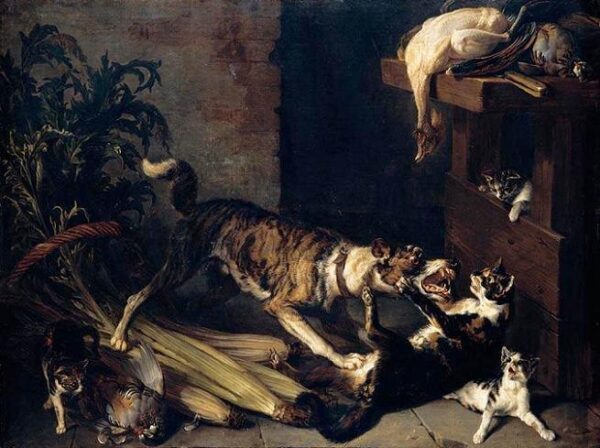 A Dog and a Cat Fighting in a Kitchen Interior by Alexandre Francois Desportes, hand-painted oil painting reproduction