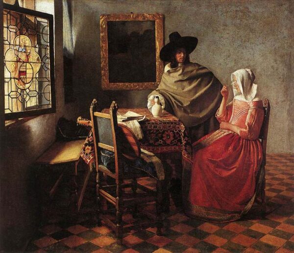 A Lady Drinking and a Gentleman by Johannes Vermeer, hand-painted oil painting reproduction