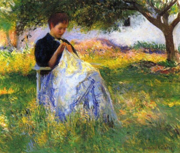 A Girl Sewing in an Orchard by Edmund Tarbell, hand-painted oil painting reproduction