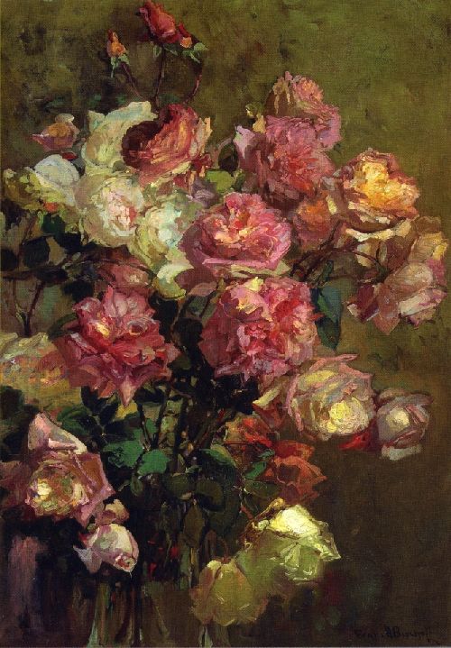 A Glass Vase full of Roses by Franz Bischoff, hand-painted oil reproduction