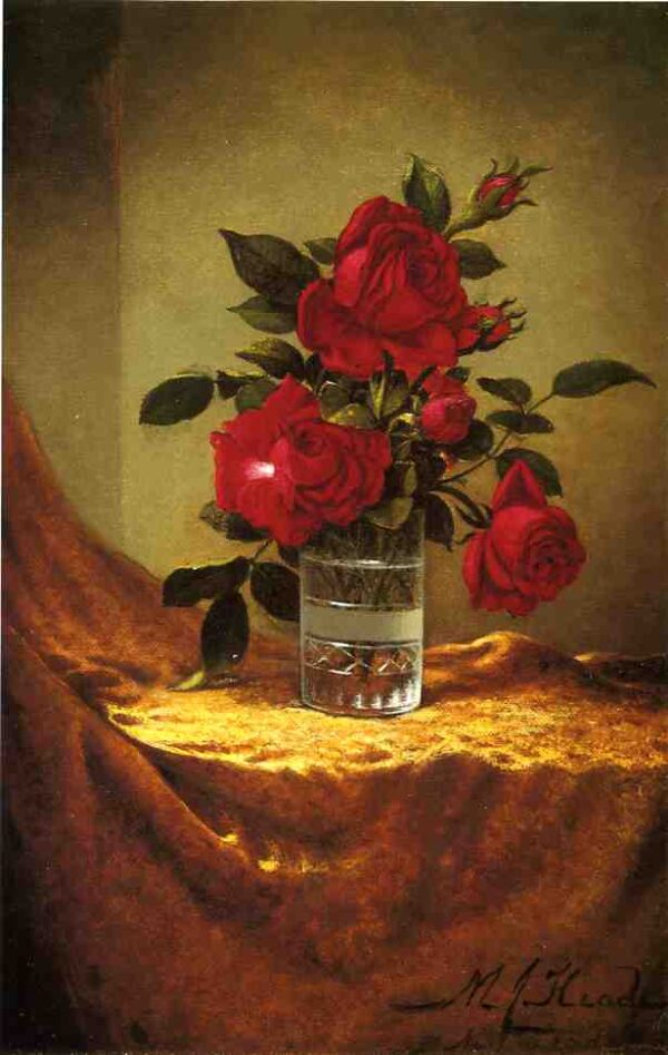 A Glass of Roses on Gold Cloth by Martin Johnson Heade, hand-painted oil painting reproduction