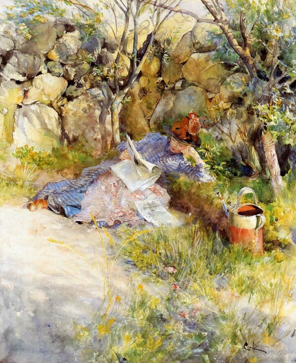 A Lady Reading a Newspaper by Carl Larsson, hand-painted oil painting reproduction