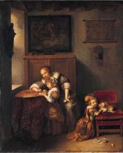 A Lady Teaching a Child to Read by Caspar Netscher, hand-painted oil painting reproduction