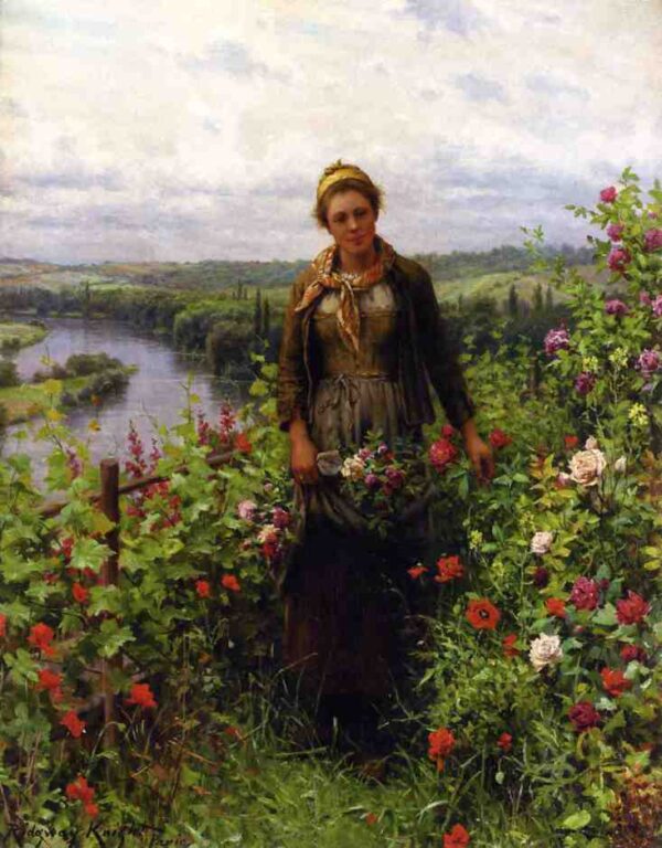 A Maid in Her Garden by Daniel Ridgway Knight, hand-painted oil painting reproduction