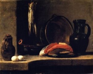 A Pitcher Two Eggs a Casserole Three Herrings a Copper Pot A Sli by Jean-Baptiste-Siméon Chardin
