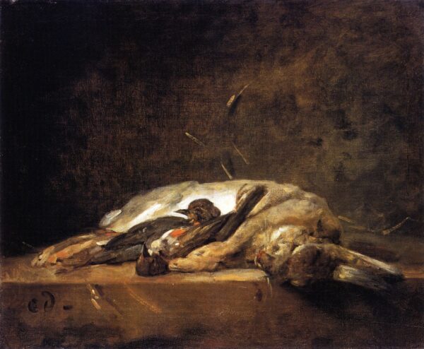 A Rabbit Two Thrushes and Some Straw on a Stone Table by Jean-Baptiste-Siméon Chardin, hand-painted oil painting reproduction