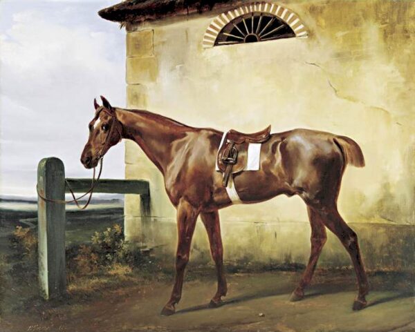A Saddled Race Horse Tied to a Fence by Horace Vernet, hand-painted oil painting reproduction