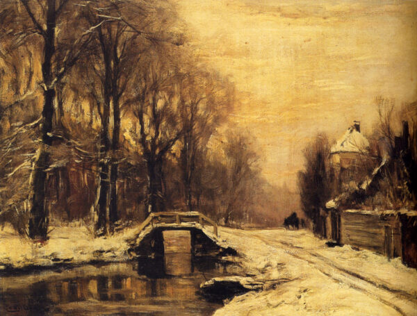 A Snowcovered Forest With A Bridge Across A Stream by Louis Apol, hand-painted oil painting reproduction