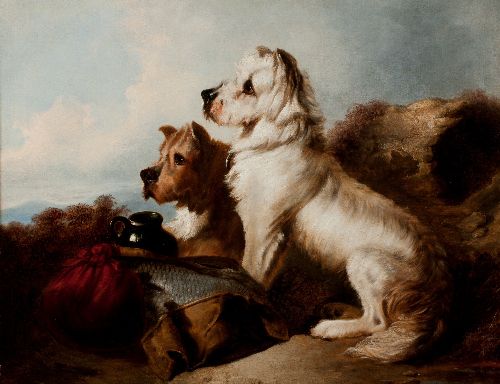 A West Highland White and a Skye Terrier Guarding the Days Bag by Richard Ansdell, hand-painted oil reproduction