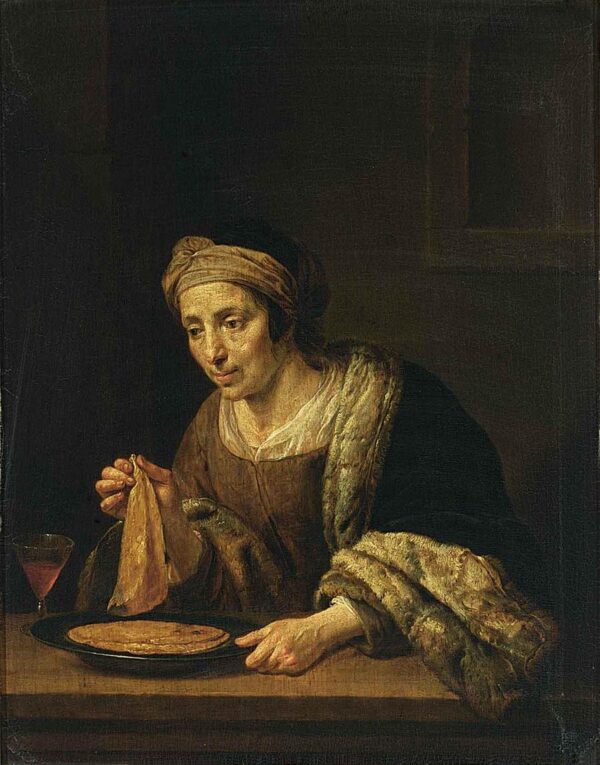A Woman Holding Pancakes by Jan van Bijlert, hand-painted oil painting reproduction