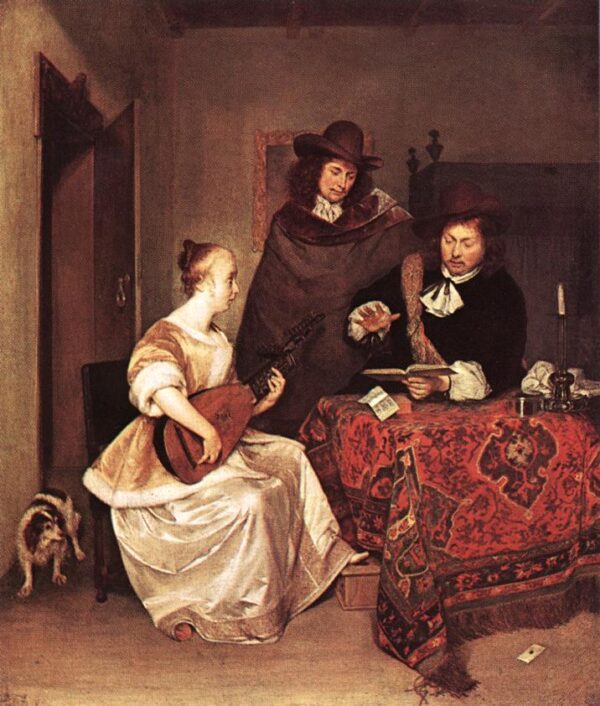 A Young Woman Playing a Theorbo to Two Men by Gerard ter Borch, hand-painted oil painting reproduction
