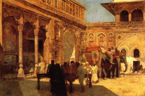 Elephants and Figures in a Courtyard, Fort Agra by Edwin Lord Weeks, hand-painted oil painting reproduction
