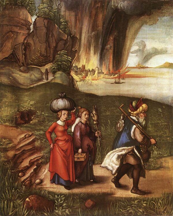 Lot Fleeing with his Daughters from Sodom by Albrecht Dürer, hand-painted oil painting reproduction