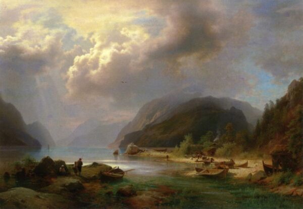 Alpine Lake Scene by Hermann Ottomar Herzog, hand-painted oil painting reproduction