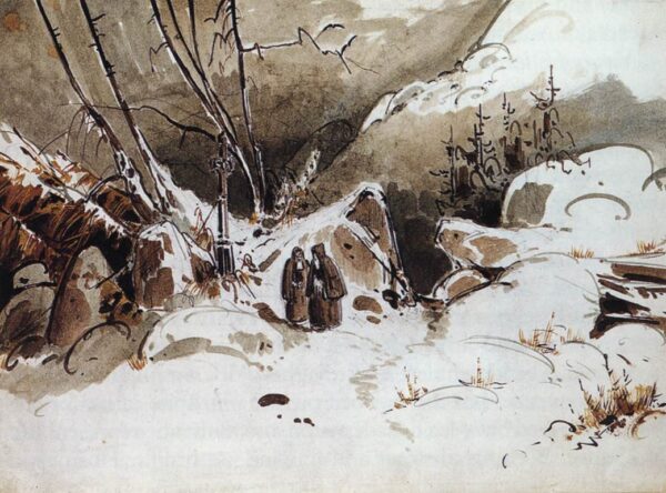 Alpine Pass in Winter with Monks by Karl Blechen, hand-painted oil painting reproduction