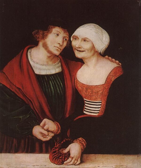 Amorous Old Woman and Young Man by Lucas Cranach the Elder, hand-painted oil painting reproduction