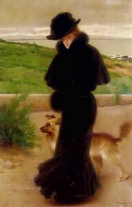 An Elegant Lady with her Faithful Companion by the Beach by Vittorio Corcos, hand-painted oil painting reproduction