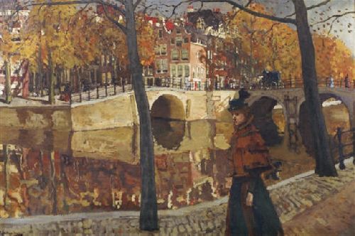 An Elegant Lady Strolling along a Canal in Amsterdam by George Hendrik Breitner, hand-painted oil reproduction