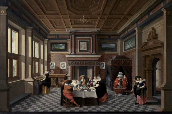 An Interior with Ladies and Gentlemen Dining by Dirck van Delen, hand-painted oil painting reproduction