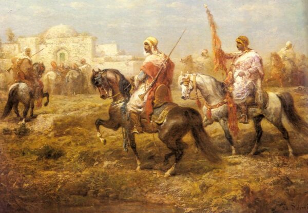 Arab Cavalry Approaching An Oasis by Adolf Schreyer, hand-painted oil painting reproduction