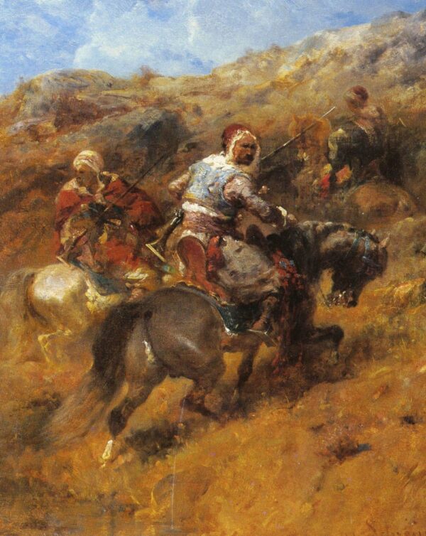Arab Warriors On A Hillside by Adolf Schreyer, hand-painted oil painting reproduction