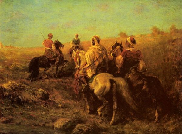 Arabian Horsemen Near A Watering Place by Adolf Schreyer, hand-painted oil painting reproduction