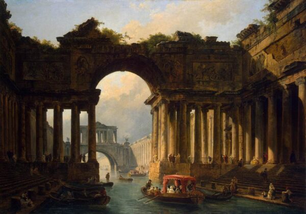 Architectural Landscape with a Canal by Hubert Robert, hand-painted oil painting reproduction