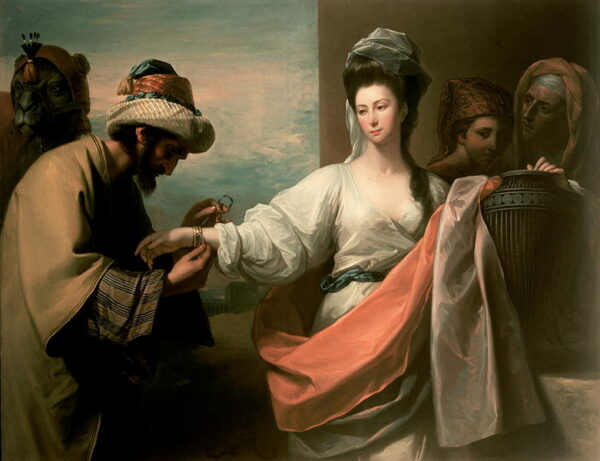 Isaac’s Servant Trying the Bracelet on Rebecca’s Arm by Benjamin West, hand-painted oil painting reproduction