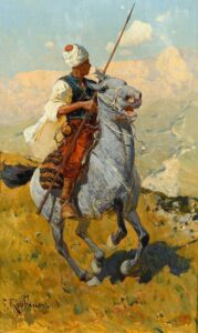 Armed Circassian Horse Galloping by Franz Roubaud, hand-painted oil painting reproduction