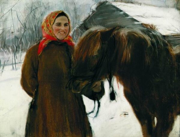 Baba with Horse by Valentin Alexandrovich Serov, hand-painted oil painting reproduction